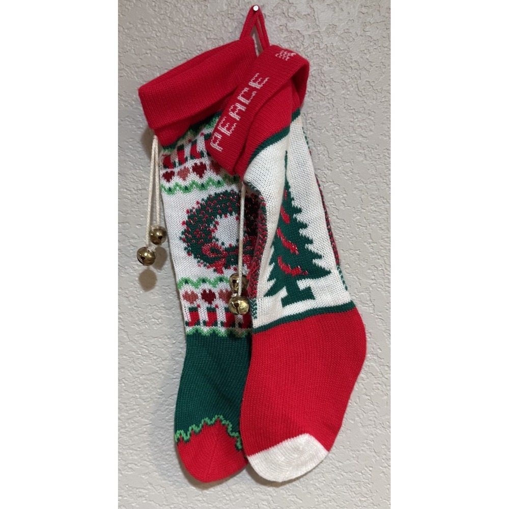 Pair 18" Vintage Knit Christmas Stocking Wreath Hearts Bells Tree Ugly Sweater